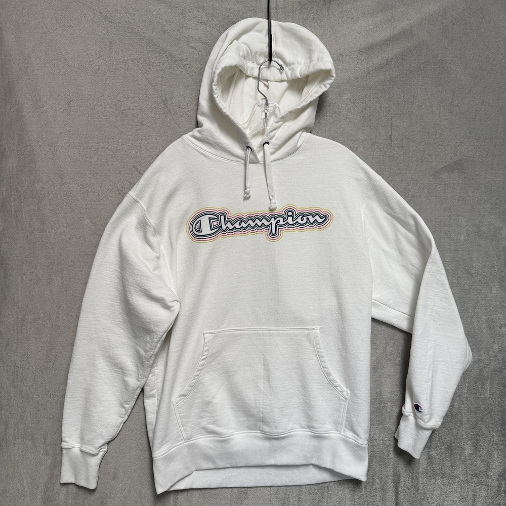 Champion Hoodie Mens Large White Rainbow Graphic Pullover Fleece Sweatshirt‎